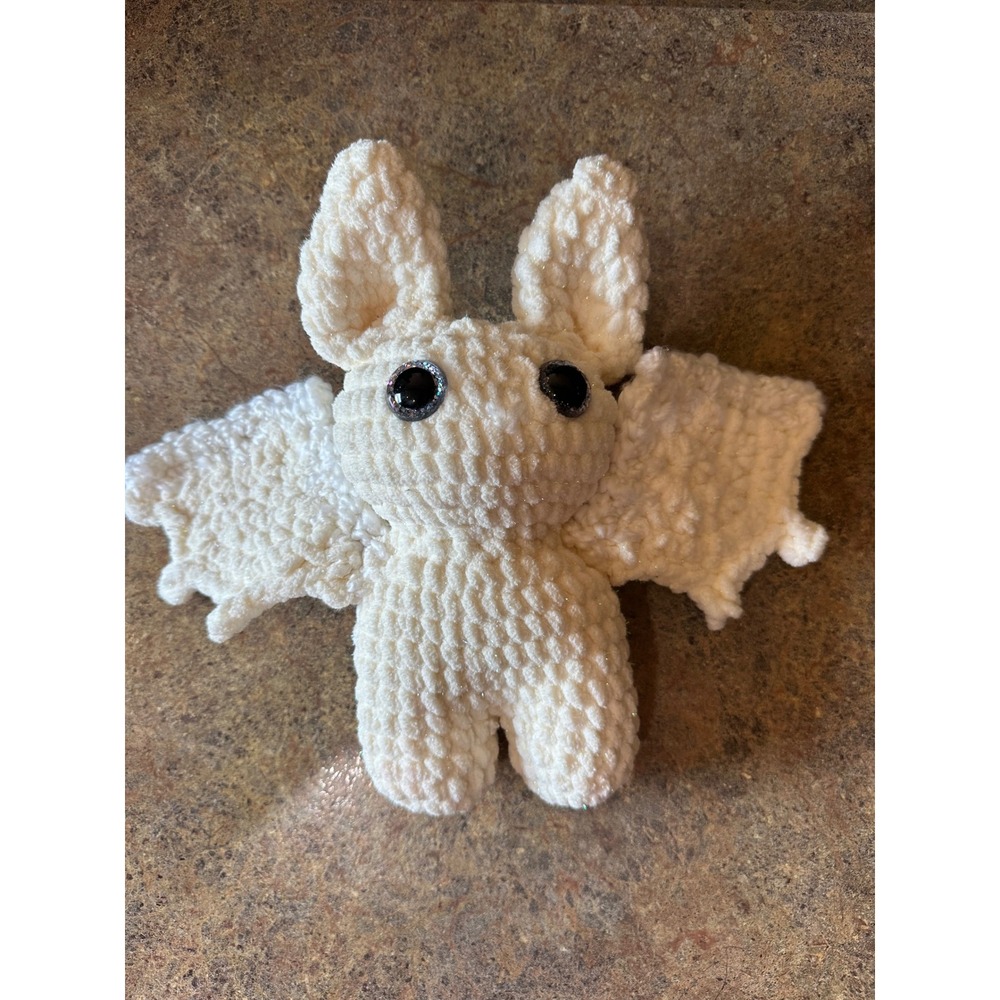 Handmade Crochet White Sparkle Bat Plushie Amigurumi Spooky Cute Stuffed Animal